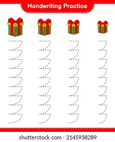 Práctica de escritura a mano. Rastreo de líneas de la caja de regalo. Juego infantil educativo, hoja de cálculo imprimible, ilustración vectorial