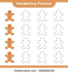 Handwriting practice. Tracing lines of Gingerbread Man. Educational children game, printable worksheet, vector illustration