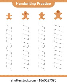 Handwriting practice. Tracing lines of Gingerbread Man. Educational children game, printable worksheet, vector illustration