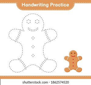 Handwriting practice. Tracing lines of Gingerbread Man. Educational children game, printable worksheet, vector illustration