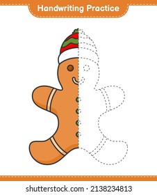 Handwriting practice. Tracing lines of Gingerbread Man. Educational children game, printable worksheet, vector illustration