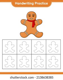 Handschriftübungen. Nachweislinien des Lebkuchenmanns. Kinderspiel, druckbares Arbeitsblatt, Vektorgrafik