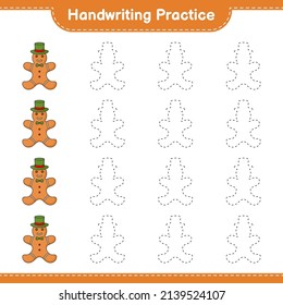 Handwriting practice. Tracing lines of Gingerbread Man. Educational children game, printable worksheet, vector illustration