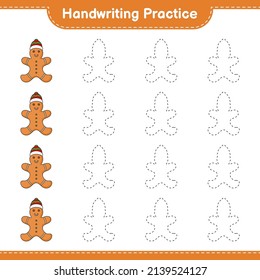 Práctica de escritura a mano. Rastreo de las líneas del hombre de jengibre. Juego infantil educativo, hoja de cálculo imprimible, ilustración vectorial