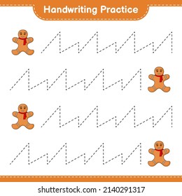 Handwriting practice. Tracing lines of Gingerbread Man. Educational children game, printable worksheet, vector illustration