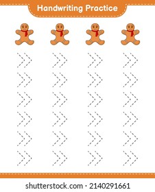 Handwriting practice. Tracing lines of Gingerbread Man. Educational children game, printable worksheet, vector illustration