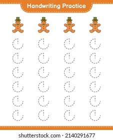 Handwriting practice. Tracing lines of Gingerbread Man. Educational children game, printable worksheet, vector illustration