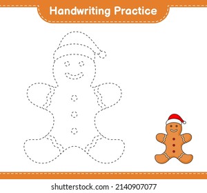 Handwriting practice. Tracing lines of Gingerbread Man. Educational children game, printable worksheet, vector illustration