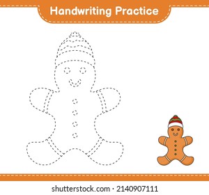 Handwriting practice. Tracing lines of Gingerbread Man. Educational children game, printable worksheet, vector illustration