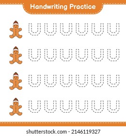 Práctica de escritura a mano. Rastreo de las líneas del hombre de jengibre. Juego infantil educativo, hoja de cálculo imprimible, ilustración vectorial