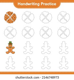 Handwriting practice. Tracing lines of Gingerbread Man and Cookies. Educational children game, printable worksheet, vector illustration
