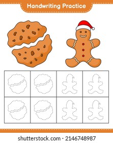 Práctica de escritura a mano. Rastrear las líneas del hombre de pan de jengibre y las galletas. Juego infantil educativo, hoja de cálculo imprimible, ilustración vectorial