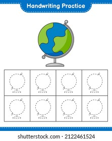 Práctica de escritura a mano. Rastreo de líneas de Globe. Juego infantil educativo, hoja de cálculo imprimible, ilustración vectorial