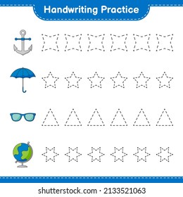 Handwriting practice. Tracing lines of Globe, Sunglasses, Umbrella, and Anchor. Educational children game, printable worksheet, vector illustration