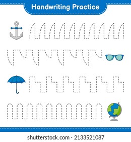 Handwriting practice. Tracing lines of Globe, Sunglasses, Umbrella, and Anchor. Educational children game, printable worksheet, vector illustration