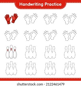 Handwriting practice. Tracing lines of Goalkeeper Gloves and Bowling Pin. Educational children game, printable worksheet, vector illustration