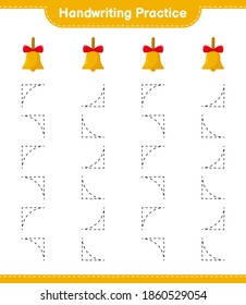 Handschriftübungen. Entdeckungslinien der goldenen Weihnachtsglocken. Kinderspiel, druckbares Arbeitsblatt, Vektorgrafik
