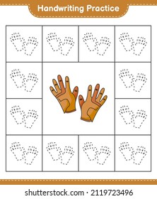 Práctica de escritura a mano. Rastreo de guantes de golf. Juego infantil educativo, hoja de cálculo imprimible, ilustración vectorial