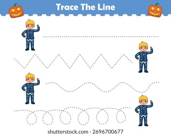 Handwriting Practice. Tracing lines with halloween kids. Vector Illustration for kids