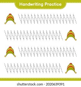 Práctica de escritura a mano. Rastreo de líneas de Sombrero. Juego infantil educativo, hoja de cálculo imprimible, ilustración vectorial