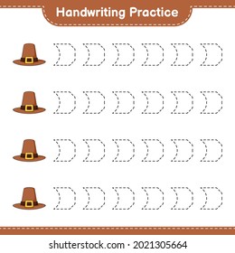 Práctica de escritura a mano. Rastreo de líneas de Sombrero. Juego infantil educativo, hoja de cálculo imprimible, ilustración vectorial