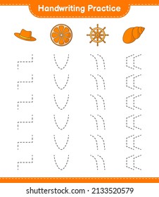 Handwriting practice. Tracing lines of Hat, Orange, Ship Steering, and Sea Shells. Educational children game, printable worksheet, vector illustration