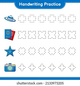 Handschriftübungen. Testreihen von Hut, Passport, Starfish und Kamera. Kinderspiel, druckbares Arbeitsblatt, Vektorgrafik