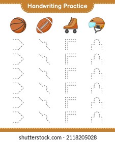 Handwriting practice. Tracing lines of Hockey Helmet, Roller Skate, Basketball, and Soccer Ball. Educational children game, printable worksheet, vector illustration