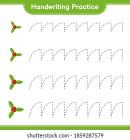 Práctica de escritura a mano. Rastreo de líneas de Holly Berries. Juego infantil educativo, hoja de cálculo imprimible, ilustración vectorial