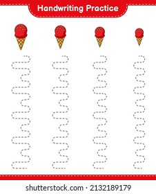 Práctica de escritura a mano. Rastreo de líneas de helado. Juego infantil educativo, hoja de cálculo imprimible, ilustración vectorial