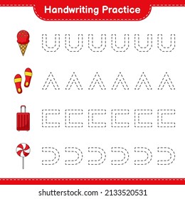 Handwriting practice. Tracing lines of Ice Cream, Flip Flop, Travel Bag, and Candy. Educational children game, printable worksheet, vector illustration