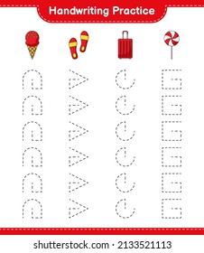 Handwriting practice. Tracing lines of Ice Cream, Flip Flop, Travel Bag, and Candy. Educational children game, printable worksheet, vector illustration