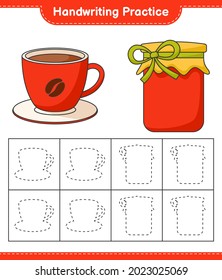 Handwriting practice. Tracing lines of Jam and Coffee Cup. Educational children game, printable worksheet, vector illustration
