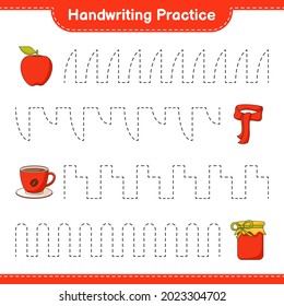 Handwriting practice. Tracing lines of Jam, Coffee Cup, Apple, and Scarf. Educational children game, printable worksheet, vector illustration