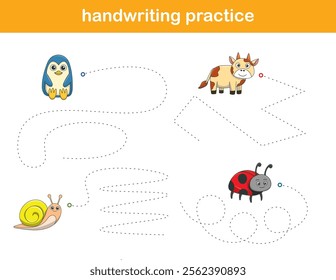 Handwriting Practice. Tracing lines for kids with animals. Vector Illustration