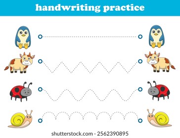 Handwriting Practice. Tracing lines for kids with animals. Vector Illustration