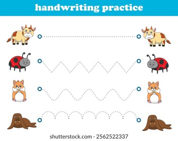 Handwriting Practice. Tracing lines for kids with animals. Vector Illustration