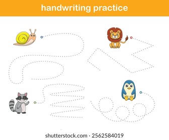 Handwriting Practice. Tracing lines for kids with animals. Vector Illustration