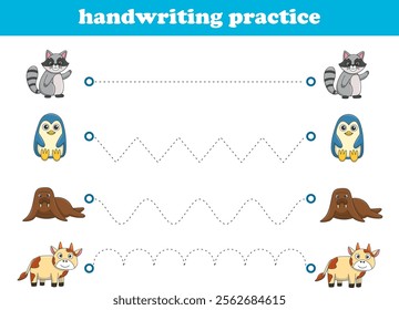 Handwriting Practice. Tracing lines for kids with animals. Vector Illustration