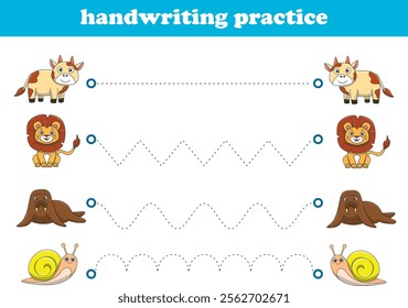 Handwriting Practice. Tracing lines for kids with animals. Vector Illustration