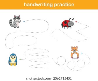 Handwriting Practice. Tracing lines for kids with animals. Vector Illustration