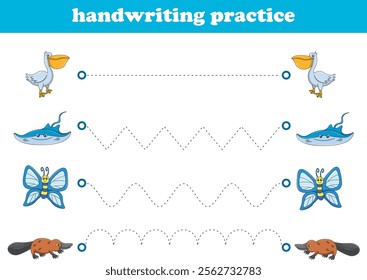 Handwriting Practice. Tracing lines for kids with animals. Vector Illustration