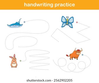 Handwriting Practice. Tracing lines for kids with animals. Vector Illustration
