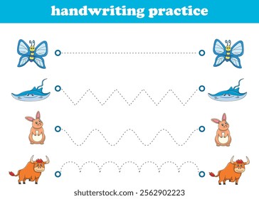 Handwriting Practice. Tracing lines for kids with animals. Vector Illustration