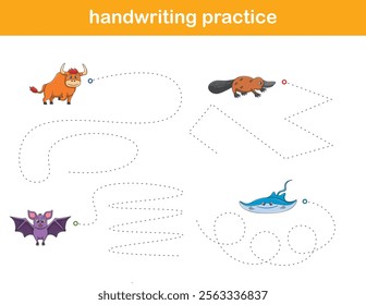 Handwriting Practice. Tracing lines for kids with animals. Vector Illustration