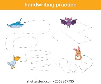 Handwriting Practice. Tracing lines for kids with animals. Vector Illustration