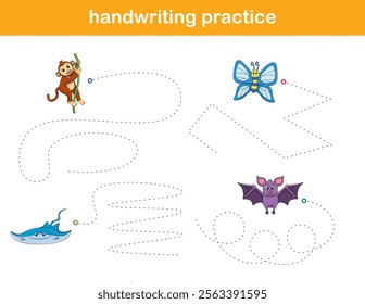 Handwriting Practice. Tracing lines for kids with animals. Vector Illustration