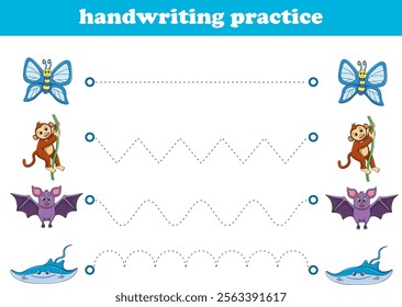 Handwriting Practice. Tracing lines for kids with animals. Vector Illustration