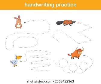 Handwriting Practice. Tracing lines for kids with animals. Vector Illustration