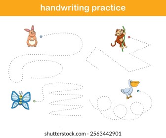 Handwriting Practice. Tracing lines for kids with animals. Vector Illustration